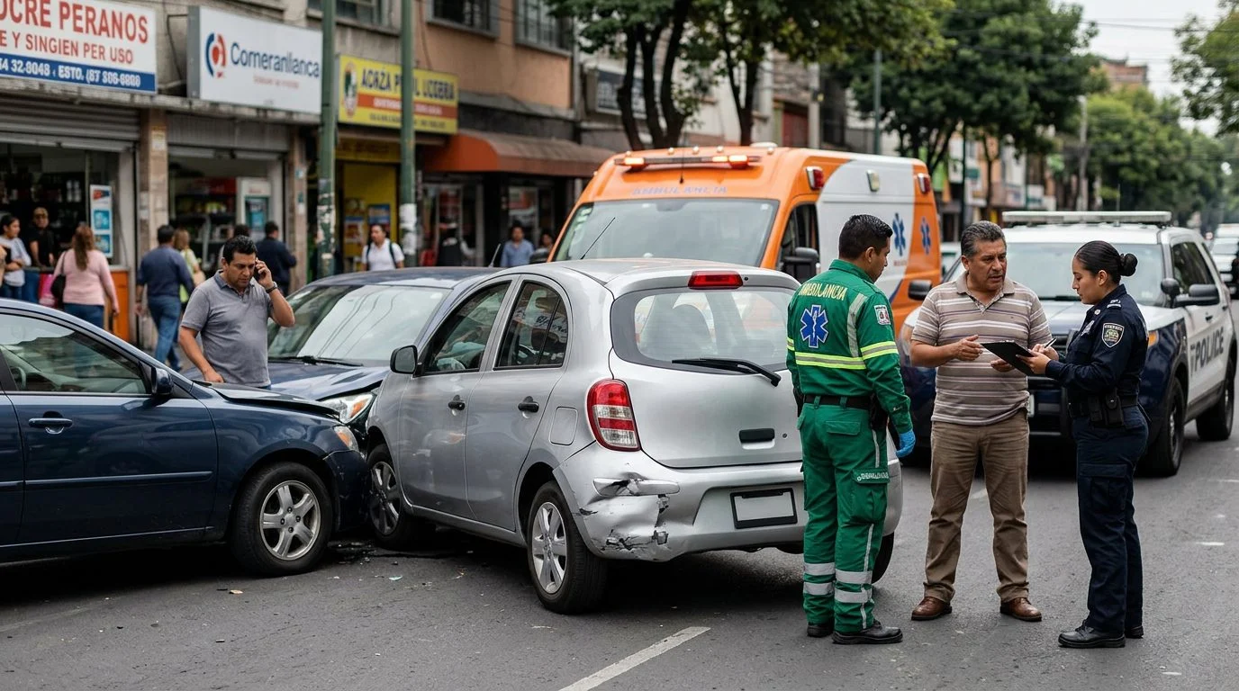 Escena de accidente vehicular en calle urbana con vehículos dañados y personal de emergencia investigando.
