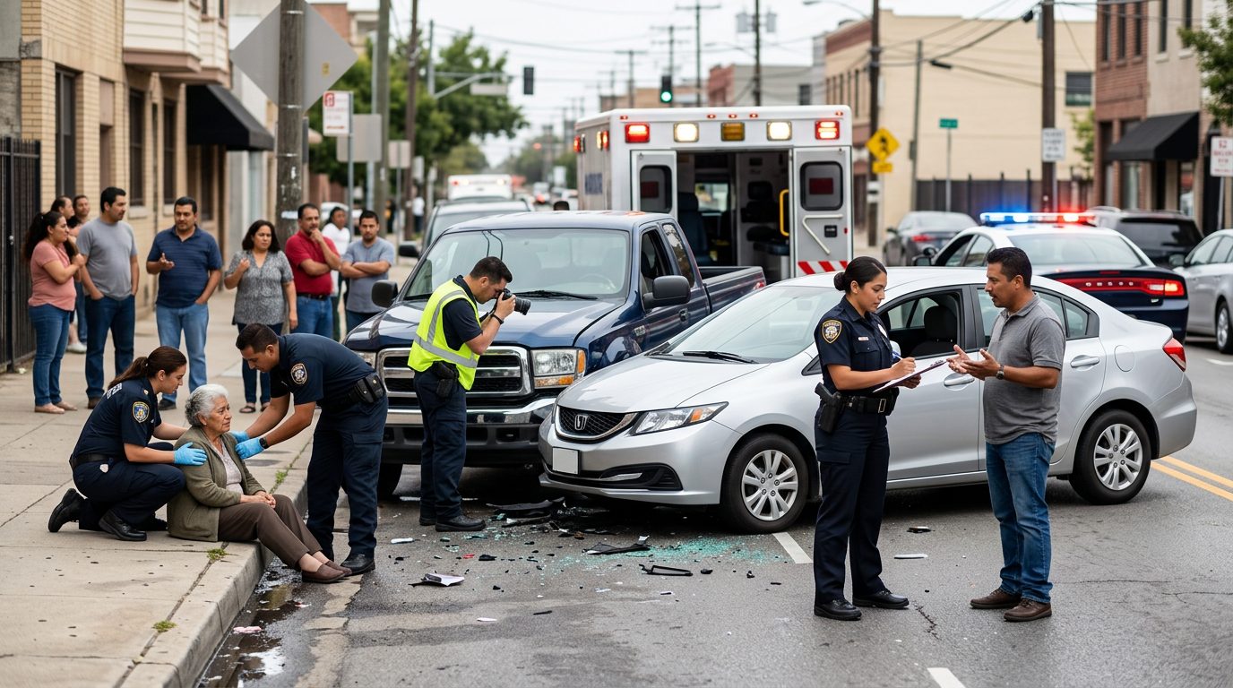 Escena de accidente vehicular en calle urbana con vehículos dañados y personal de emergencia investigando.