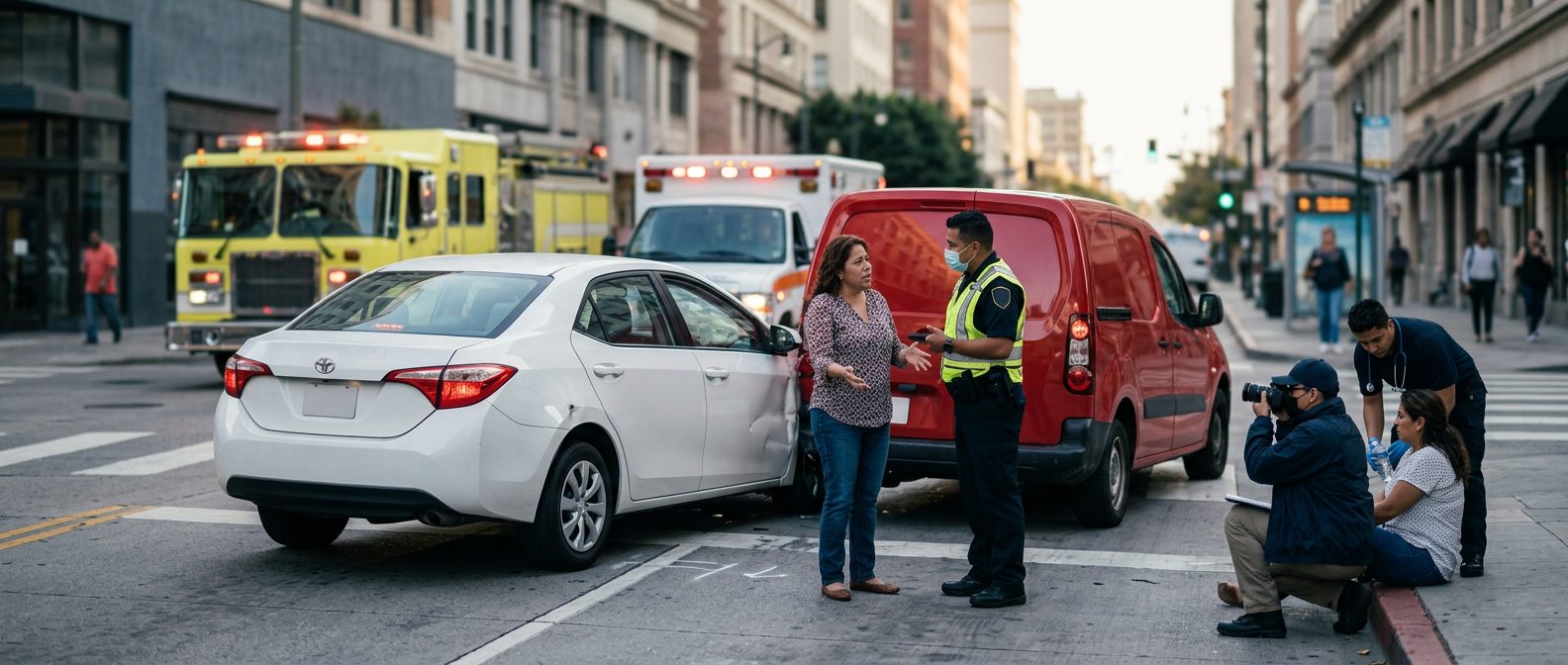 Escena de accidente vehicular en calle urbana con vehículos dañados y personal de emergencia investigando.