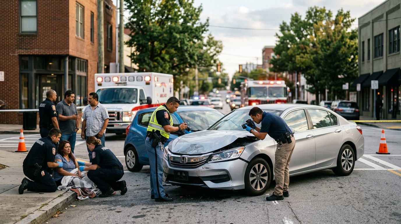 Escena de accidente vehicular en calle urbana con vehículos dañados, ambulancias e investigadores documentando el incidente.