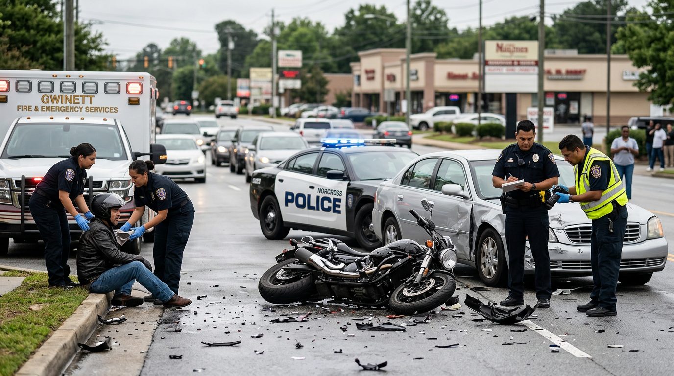 Escena de accidente vehicular en calle urbana con vehículos dañados y personal de emergencia investigando.