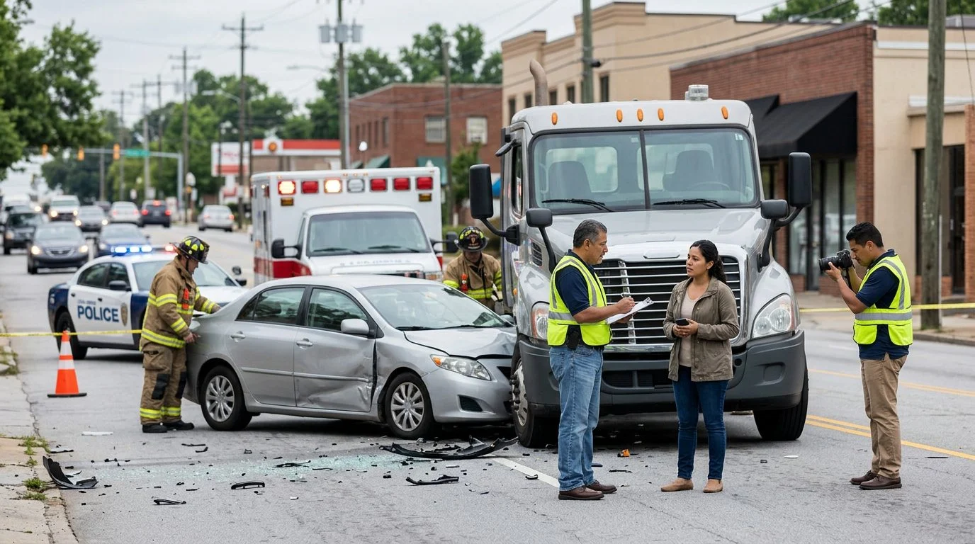 Escena de accidente vehicular en calle urbana con vehículos dañados, ambulancias e investigadores documentando el incidente.