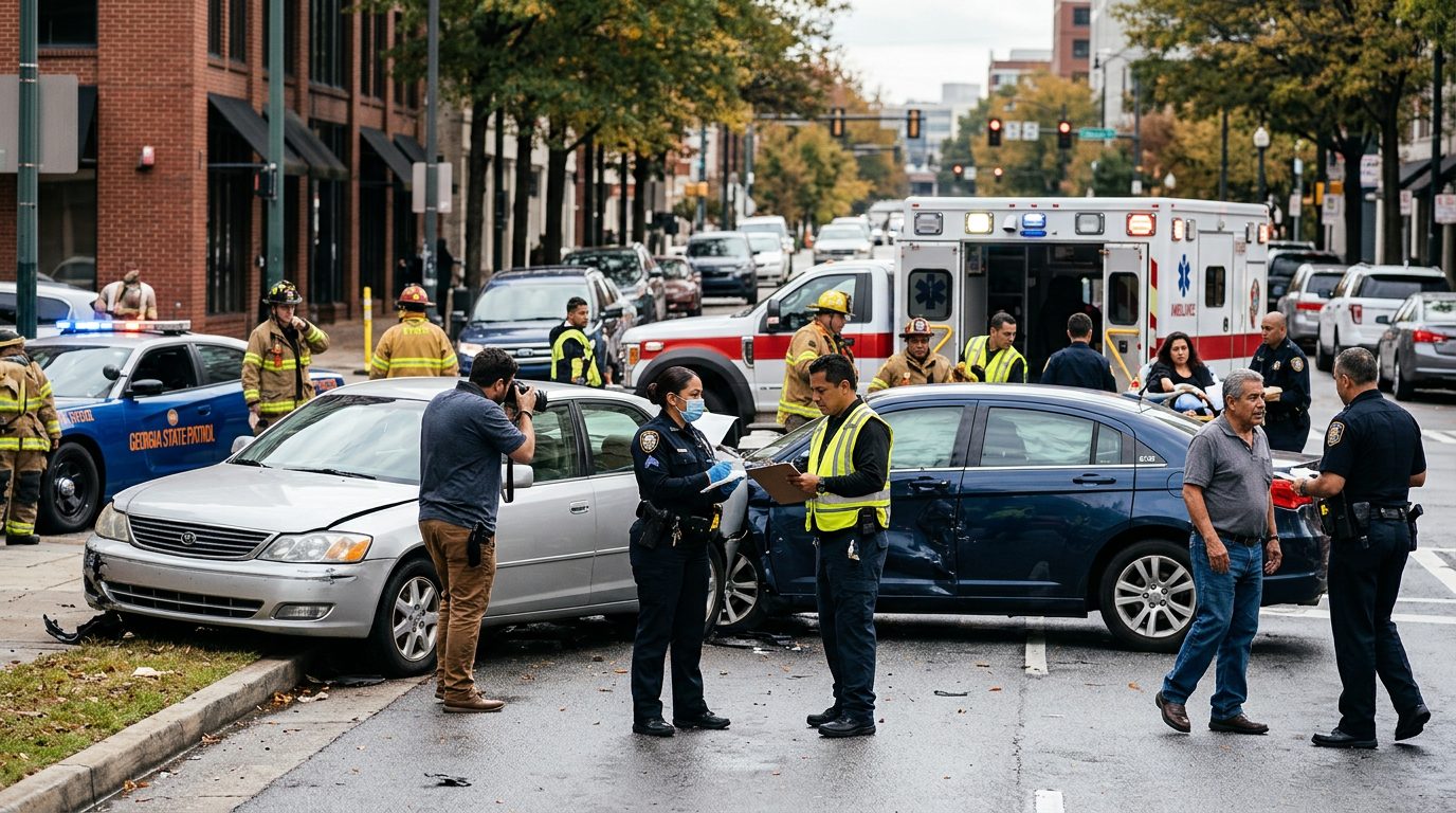 Escena de accidente vehicular en calle urbana con vehículos dañados y personal de emergencia investigando.