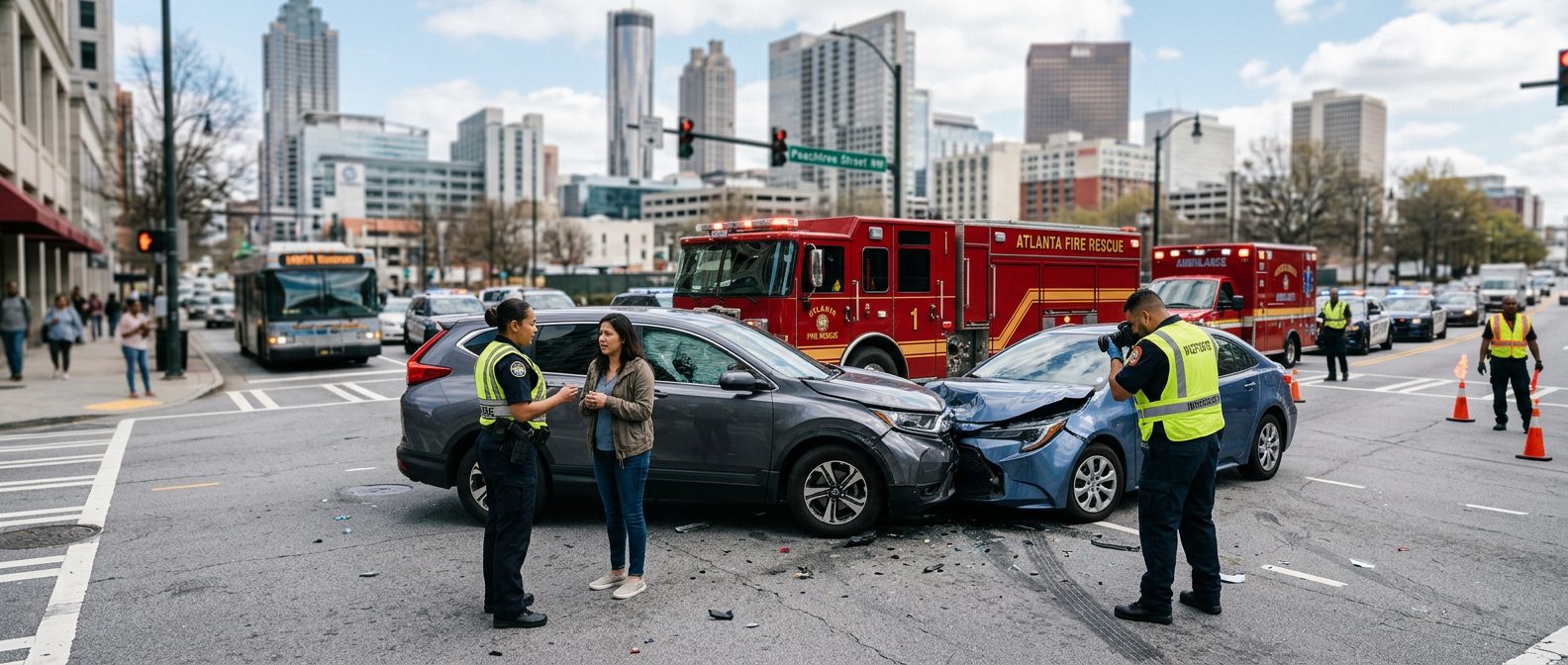 Escena de accidente vehicular en calle urbana con vehículos dañados y personal de emergencia investigando.