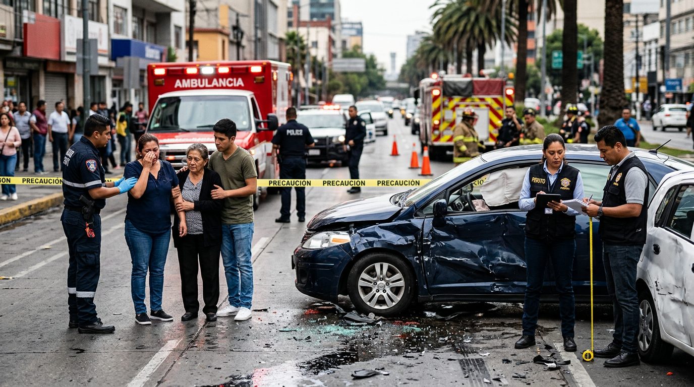 Escena de accidente vehicular en calle urbana con vehículos dañados, ambulancias e investigadores.