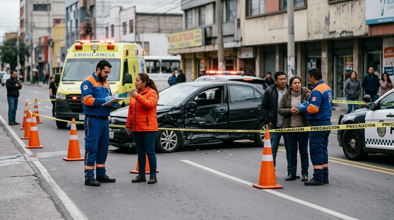 Escena de accidente vehicular en calle urbana con vehículos dañados, ambulancias e investigadores documentando el incidente.