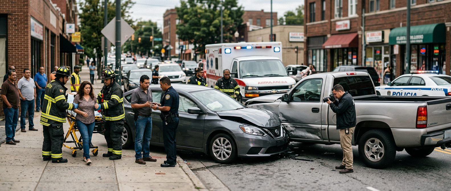 Escena de accidente vehicular en calle urbana con vehículos dañados y investigadores documentando el incidente.