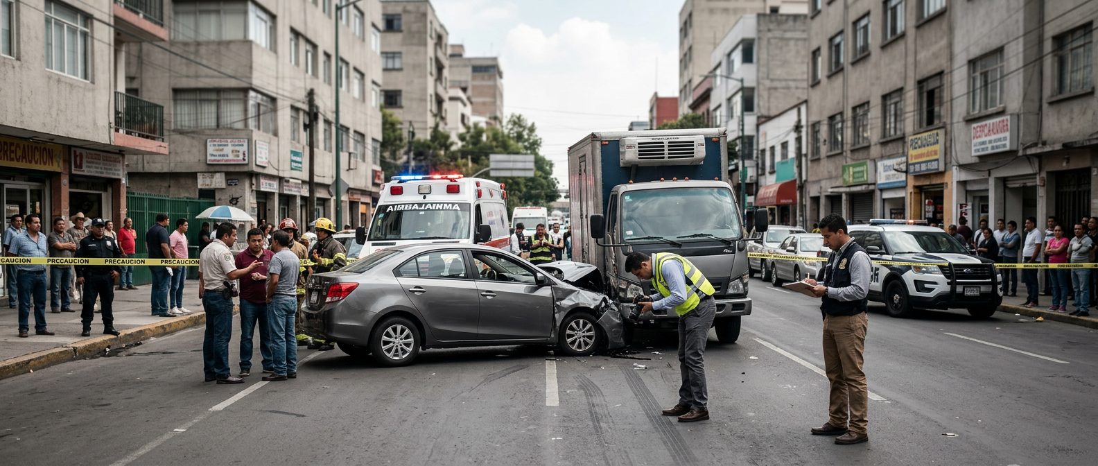 Escena de accidente vehicular en calle urbana con vehículos dañados y personal de emergencia investigando.