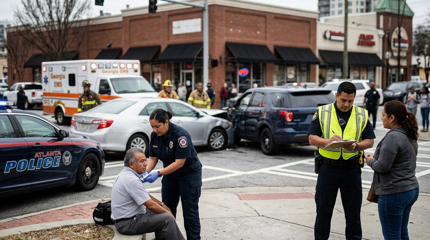 Escena de accidente vehicular en calle urbana con vehículos dañados y personal de emergencia investigando.