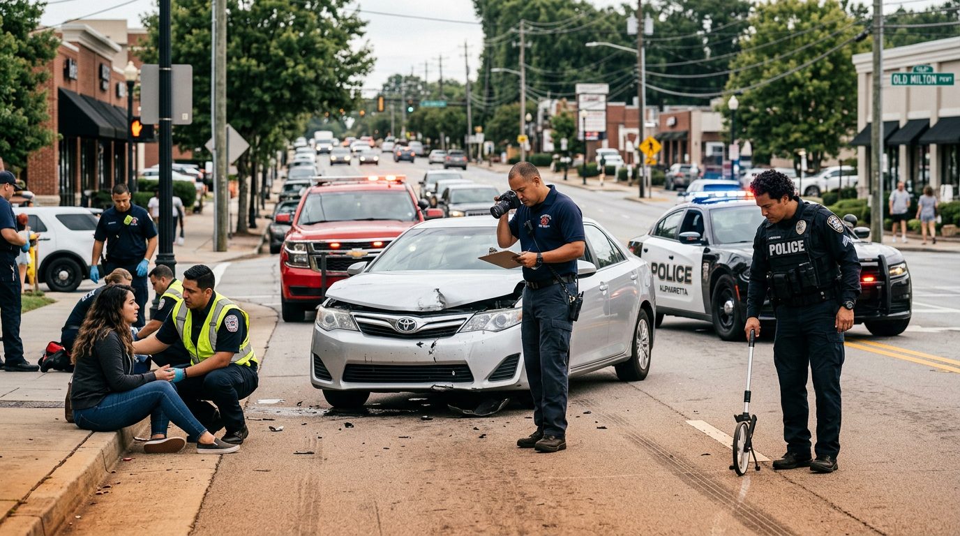 Escena de accidente vehicular en calle urbana con vehículos dañados, ambulancias e investigadores documentando el incidente.