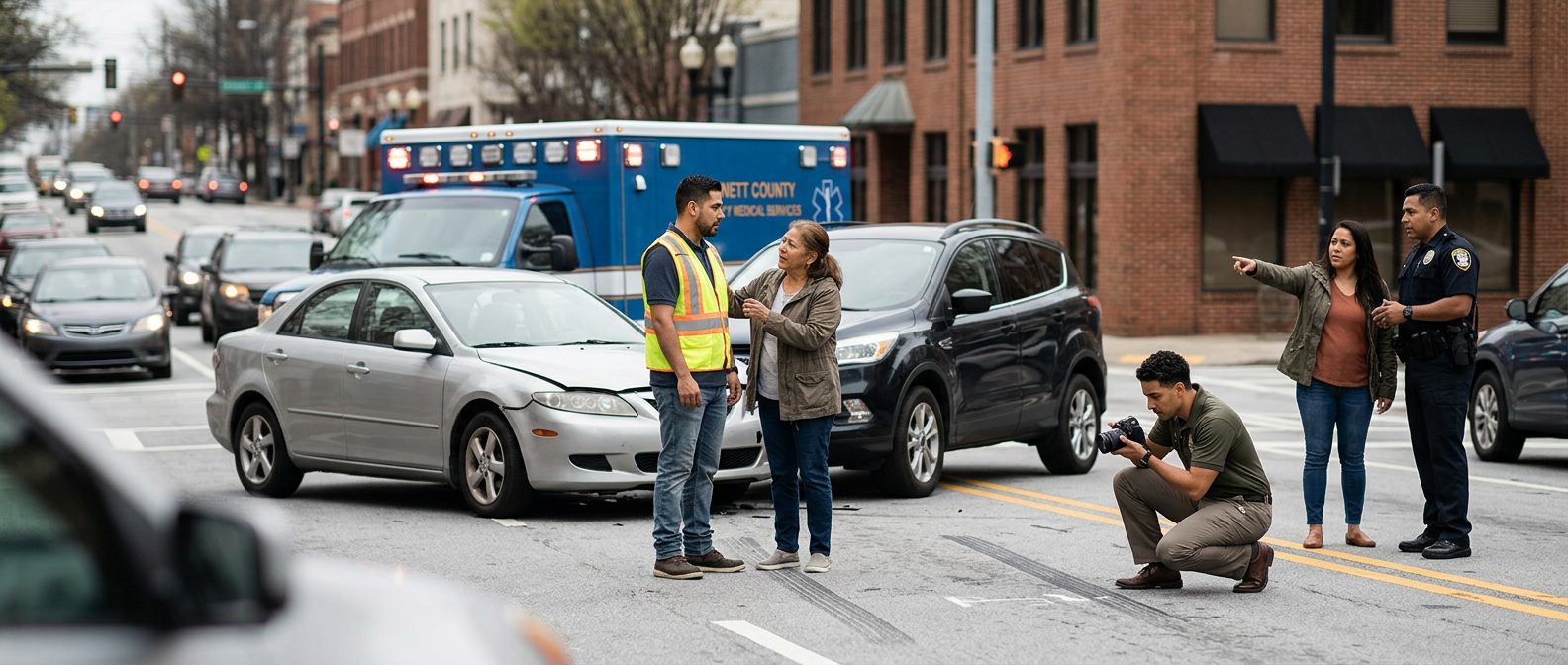 Escena de accidente vehicular en calle urbana con vehículos dañados y personal de emergencia investigando.