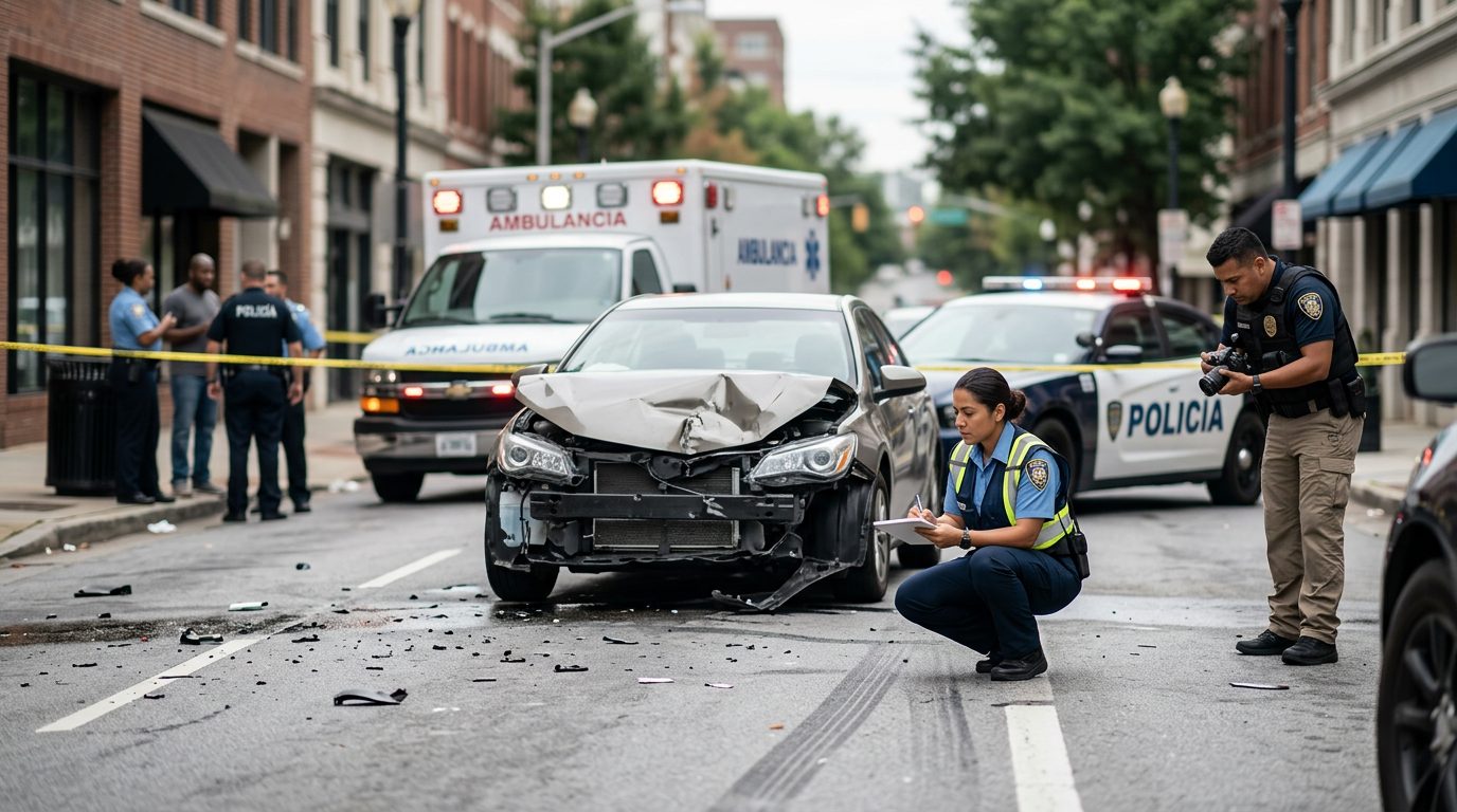 Escena de accidente vehicular en calle urbana con vehículos dañados, ambulancias e investigadores.