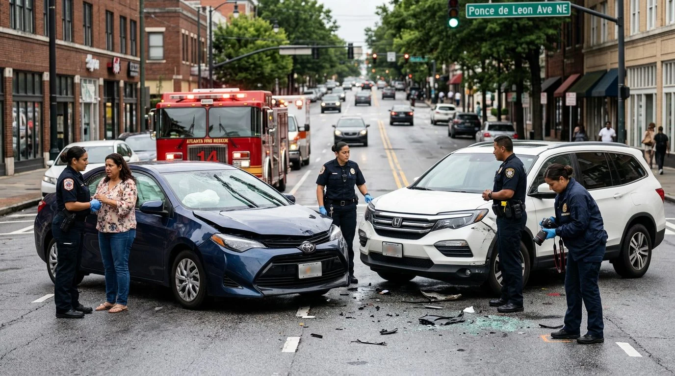 Escena de accidente vehicular en calle urbana con vehículos dañados, ambulancias e investigadores documentando el incidente.