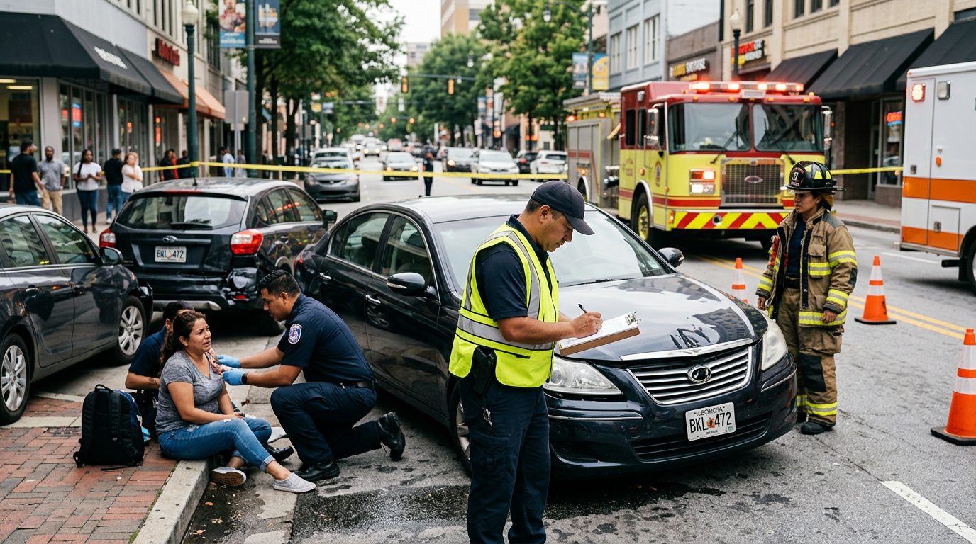 Escena de accidente vehicular en calle urbana con vehículos dañados y personal de emergencia.