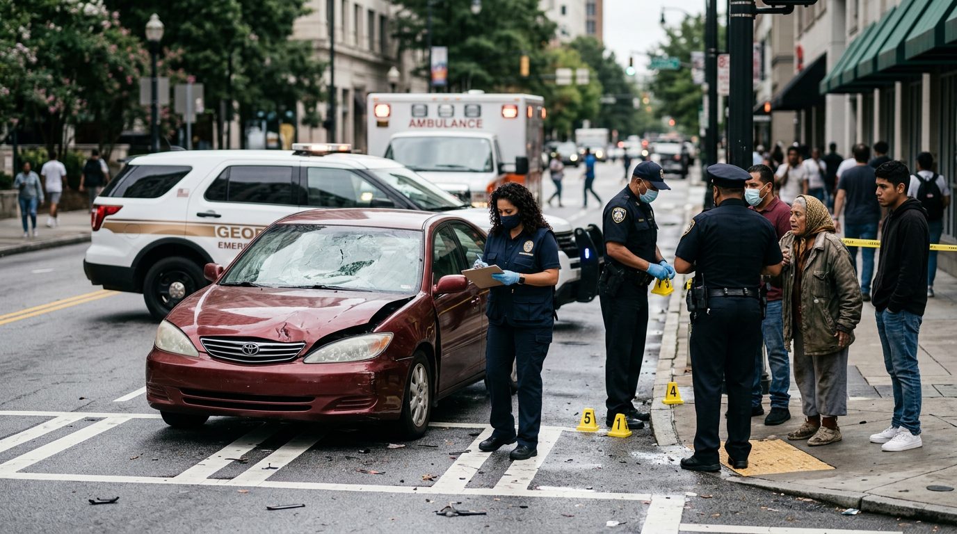 Escena de accidente vehicular en calle urbana con vehículos dañados, ambulancias e investigadores.