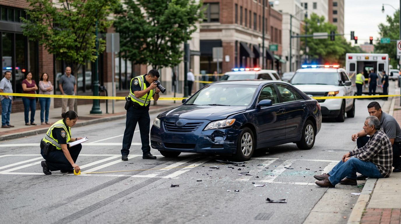 Escena de accidente vehicular en calle urbana con vehículos dañados, ambulancias e investigadores documentando.