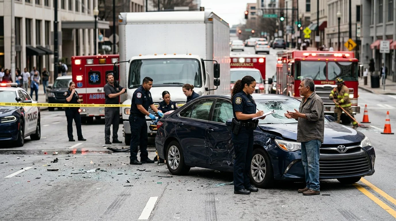 Escena de accidente vehicular en calle urbana con vehículos dañados, ambulancias e investigadores documentando el incidente.