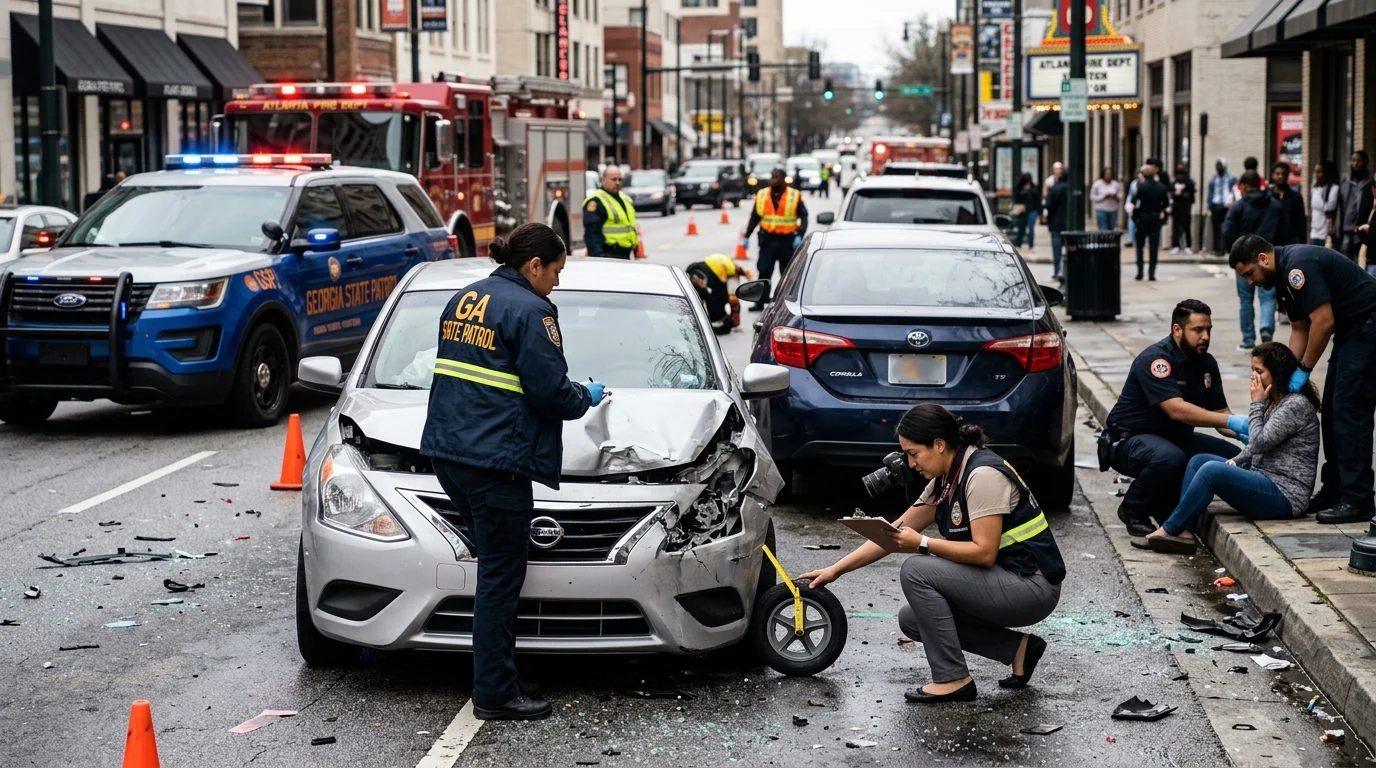 Escena de accidente vehicular en calle urbana con vehículos dañados, ambulancias e investigadores documentando.