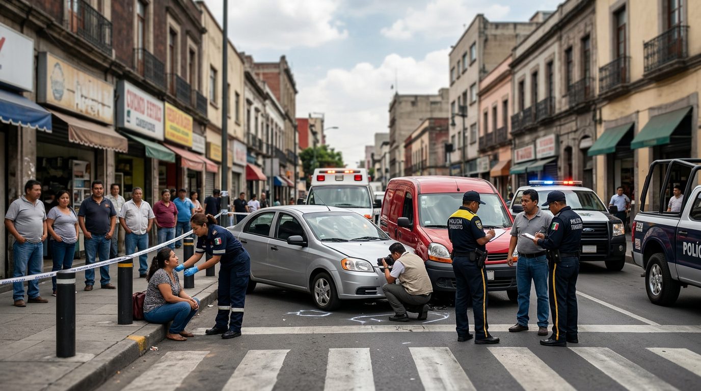 Escena de accidente vehicular en calle urbana con vehículos dañados, ambulancias e investigadores documentando el incidente.