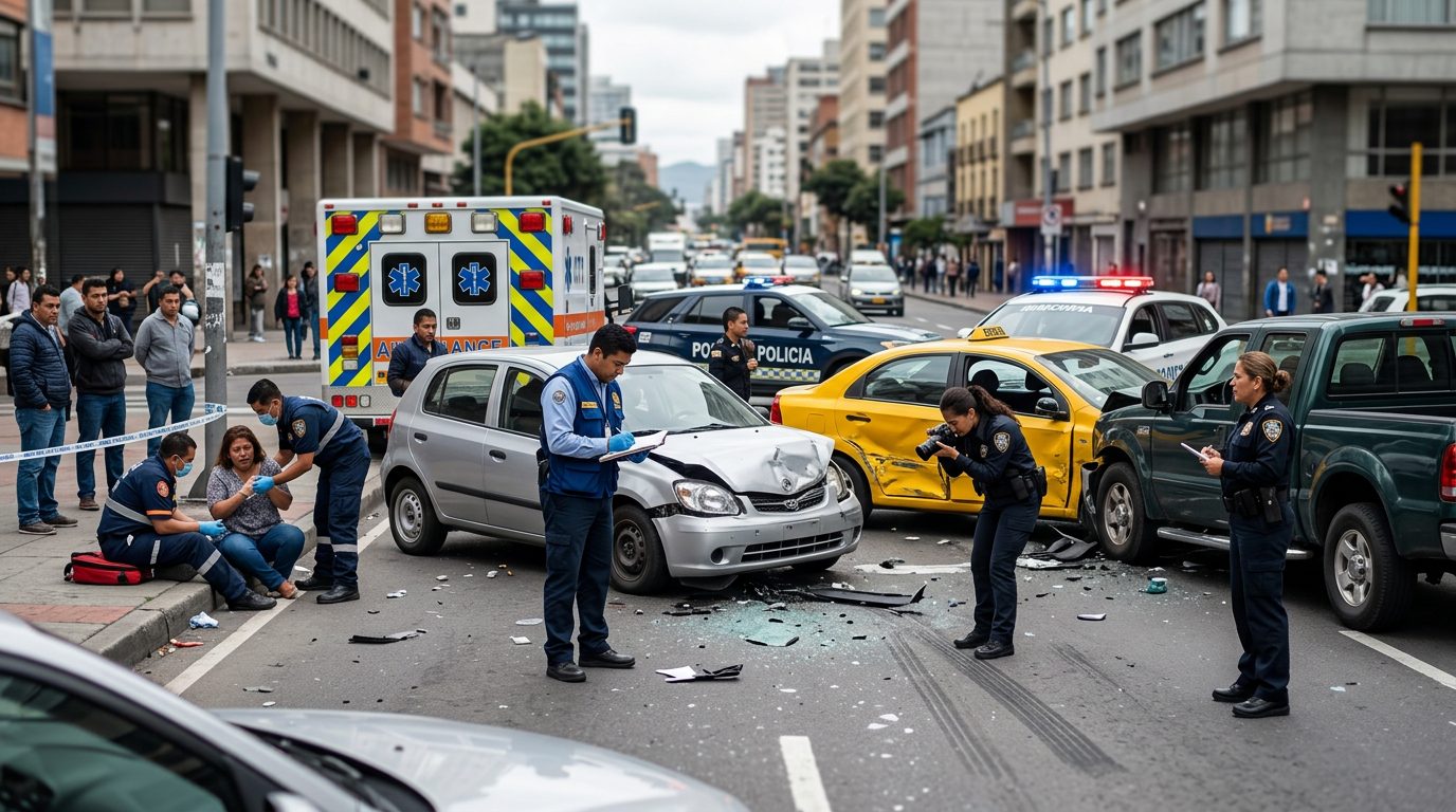 Escena de accidente vehicular en calle urbana con vehículos dañados y personal de emergencia investigando.