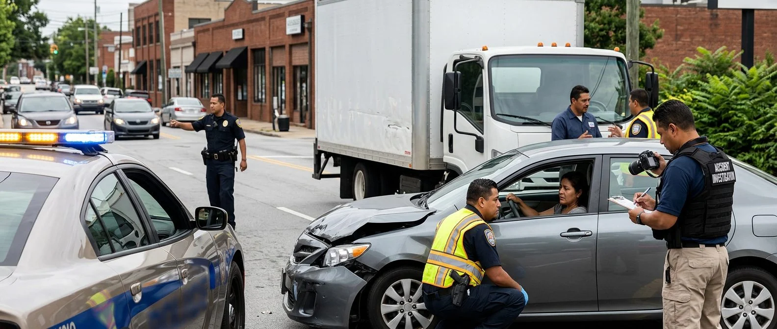 Escena de accidente vehicular en calle urbana con vehículos dañados y personal de emergencia investigando.