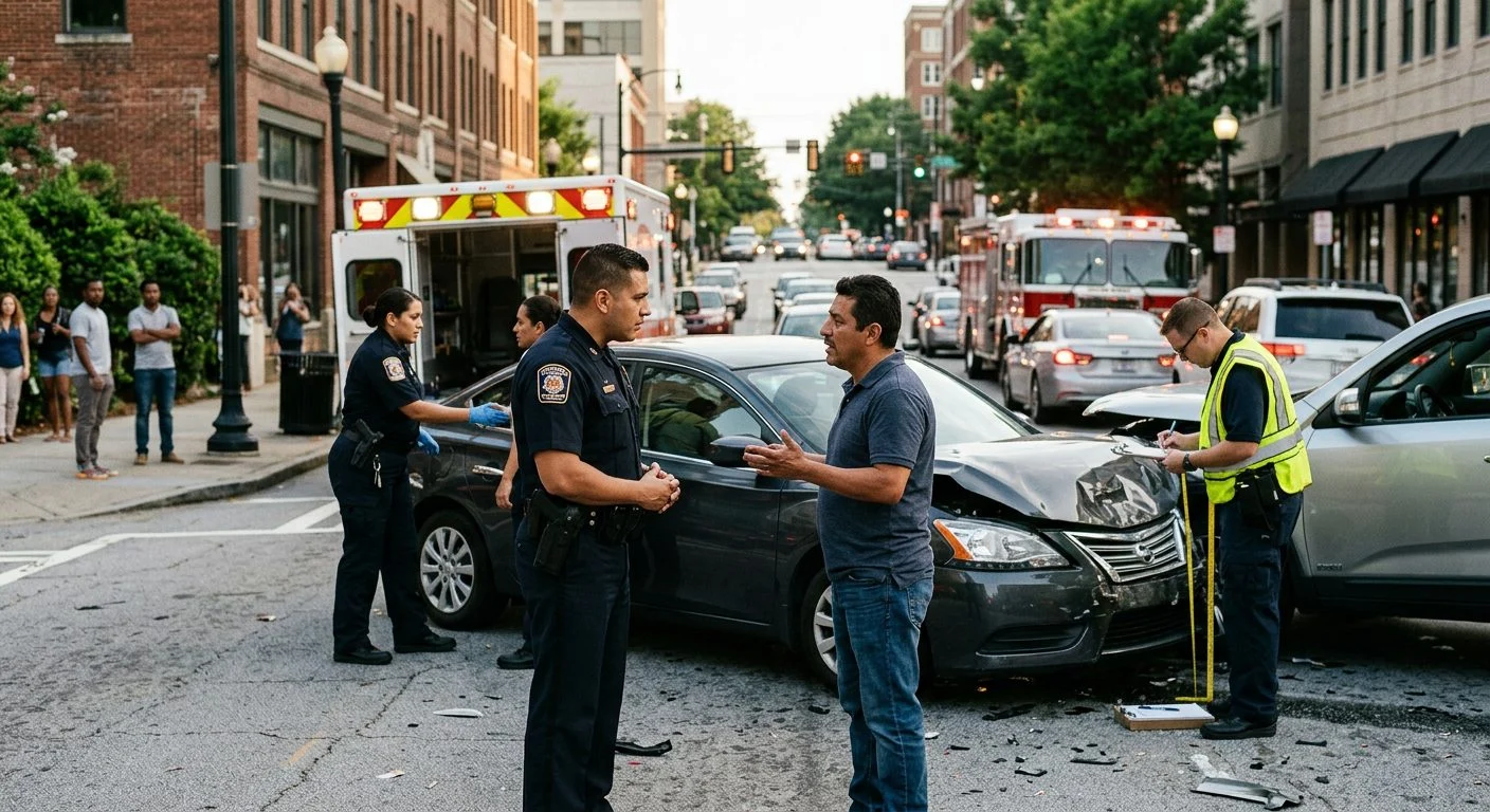 Escena de accidente vehicular en calle urbana con vehículos dañados, ambulancias e investigadores documentando el incidente.