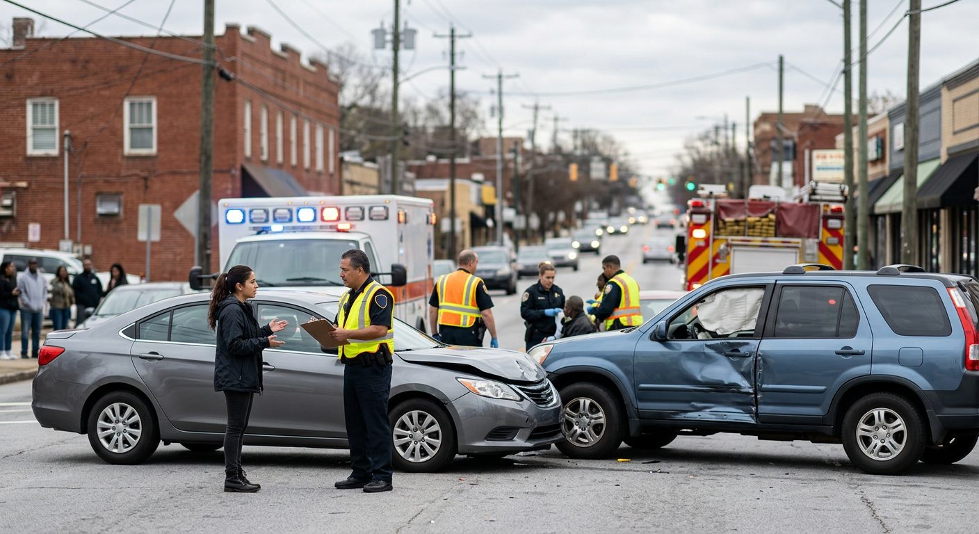Escena de accidente vehicular en calle urbana con vehículos dañados y personal de emergencia investigando.