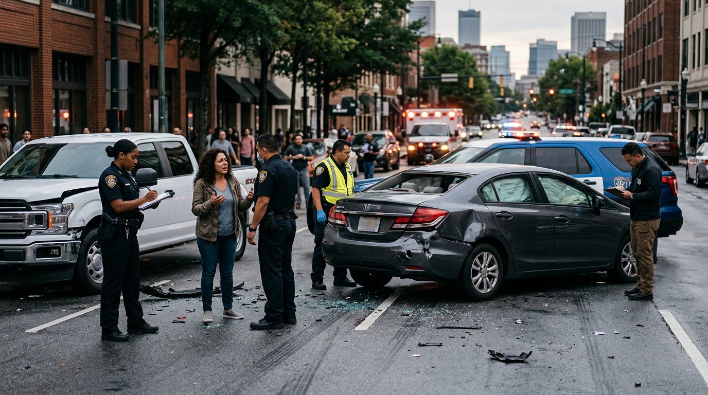 Escena de accidente vehicular en calle urbana con vehículos dañados, ambulancias e investigadores documentando el incidente.
