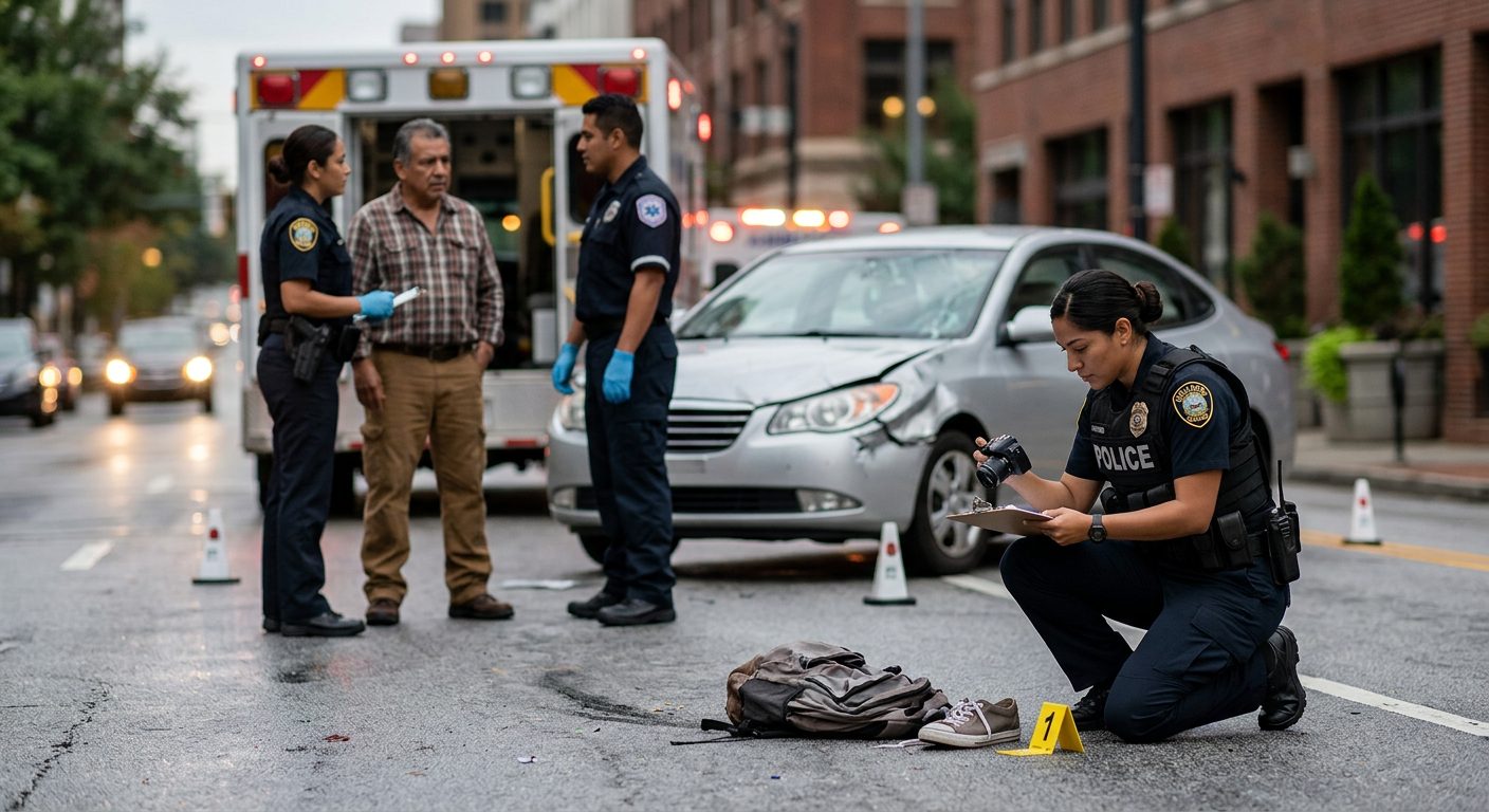 Escena de accidente vehicular en calle urbana con vehículos dañados y personal de emergencia investigando.