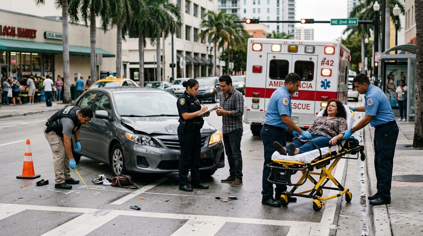 Escena de accidente vehicular en calle urbana con vehículos dañados, ambulancias e investigadores documentando.