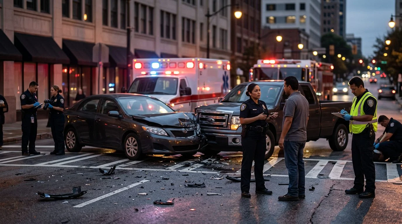Escena de accidente vehicular nocturno en calle urbana con vehículos dañados y personal de emergencia investigando.