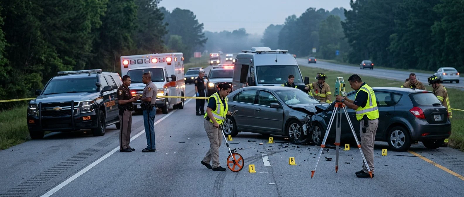 Escena de investigación de accidente fatal en carretera con vehículos de emergencia y especialistas tomando medidas.