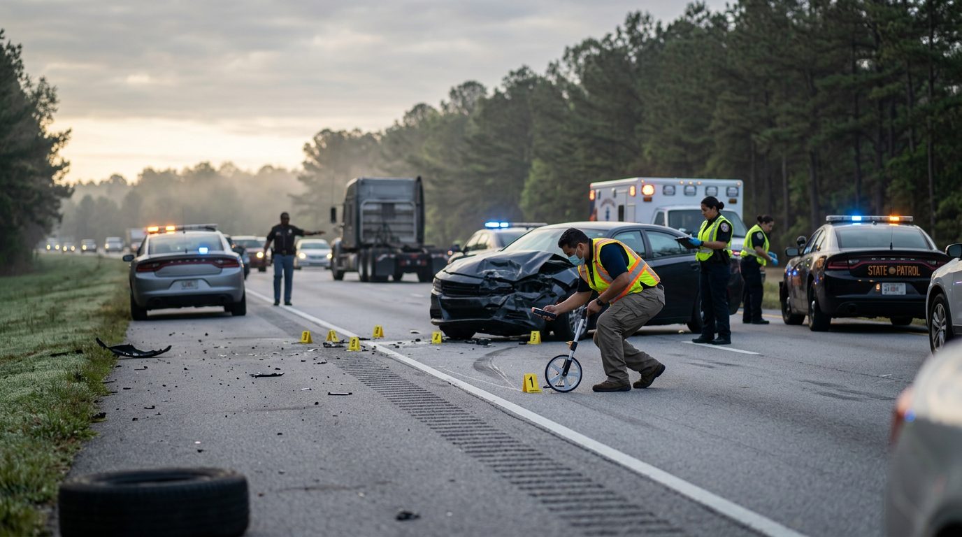Escena de investigación de accidente fatal en carretera con vehículos de emergencia y especialistas tomando medidas.