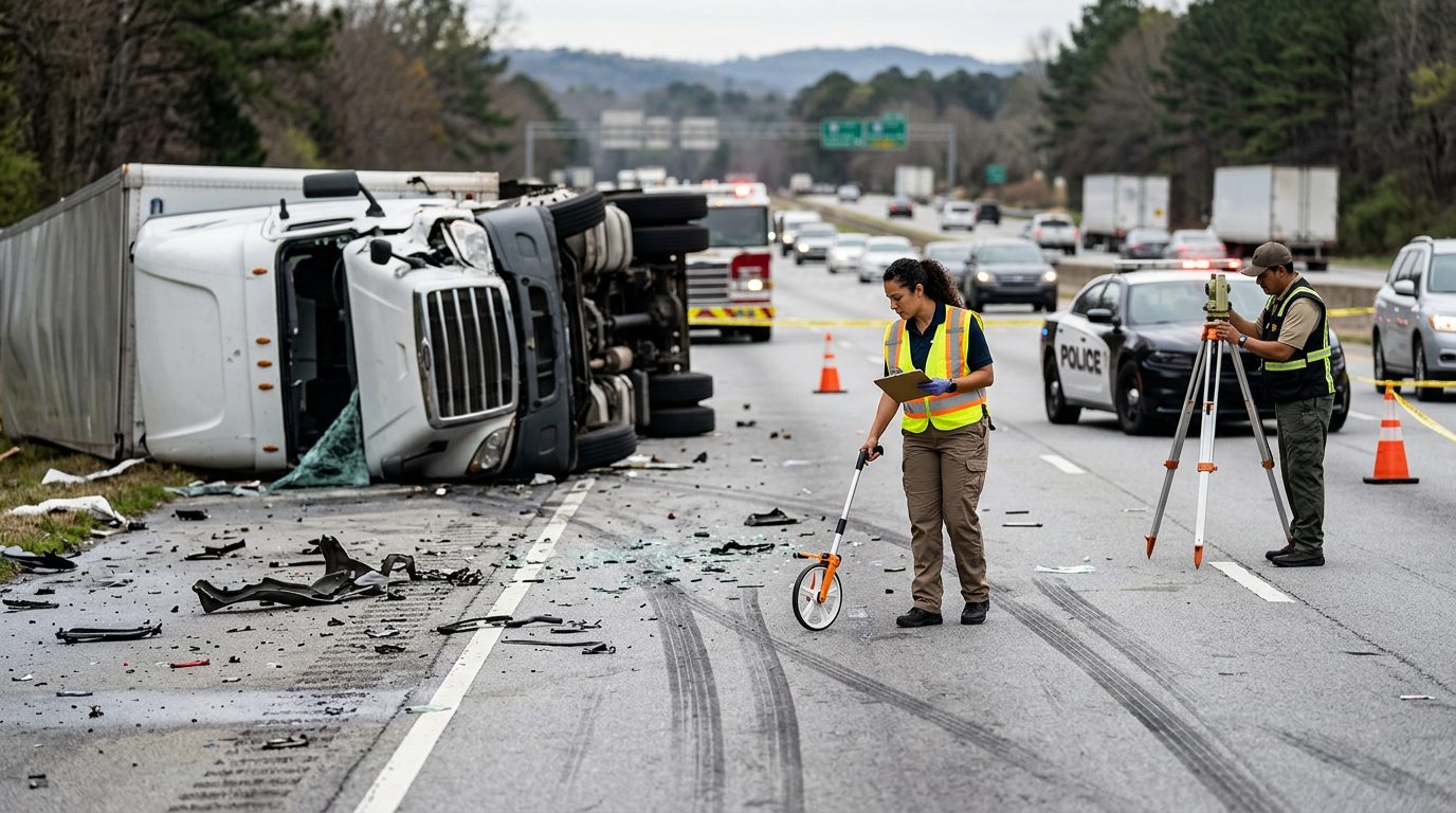 Especialistas documentan escena de accidente de camión comercial en carretera con marcas de frenado y escombros.