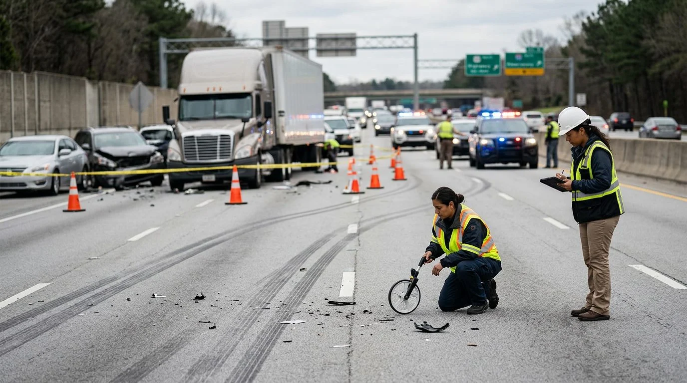 Especialistas documentan escena de accidente vehicular múltiple en autopista con escombros y marcas de frenado.