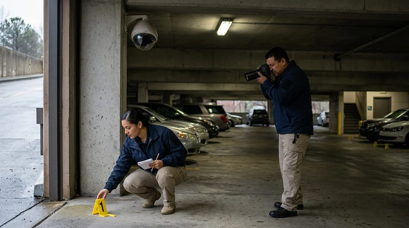 Estacionamiento oscuro con investigadores documentando iluminación deficiente y cámaras de vigilancia dañadas.