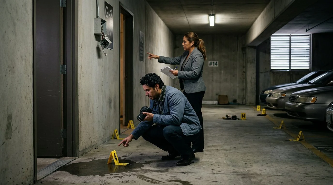 Garaje de estacionamiento mal iluminado con investigadores documentando deficiencias de seguridad y marcadores de evidencia.