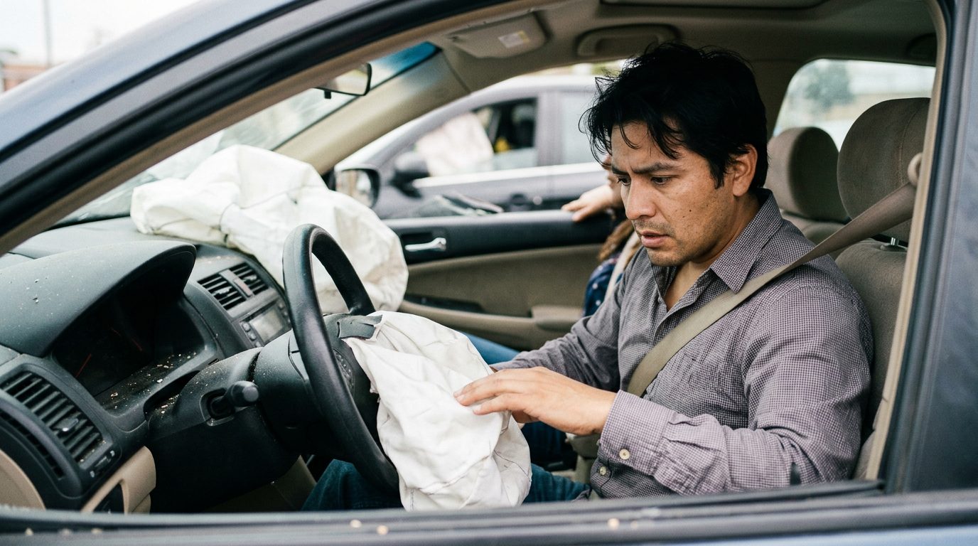 Habitáculo de automóvil dañado tras colisión con airbags desplegados.