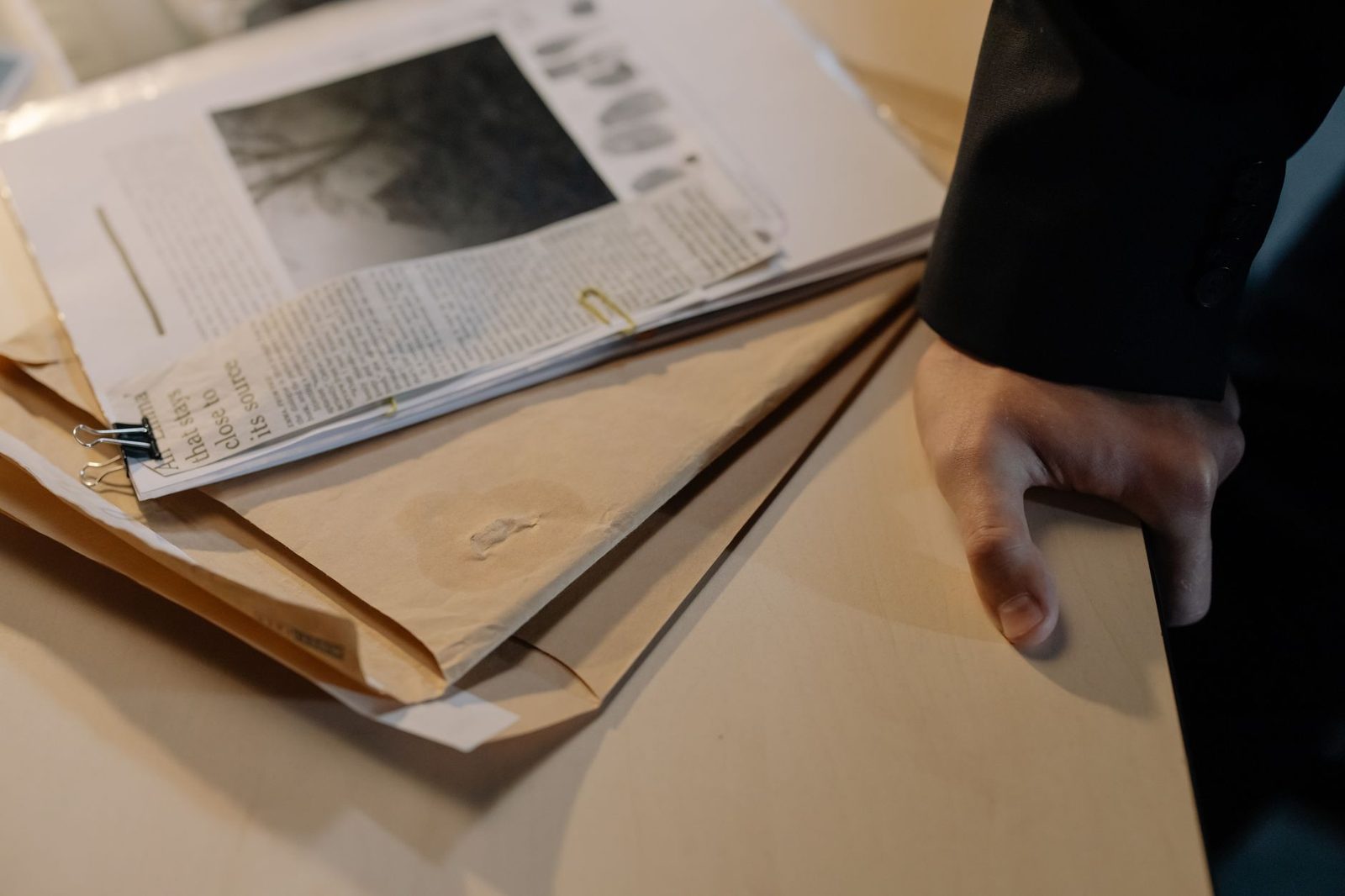 Hand resting on desk next to investigative documents and newspaper clippings about nursing home abuse cases.