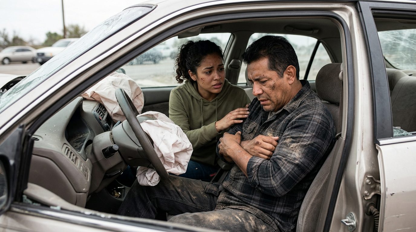 Interior dañado de sedán tras colisión con airbags desplegados y deformación estructural.