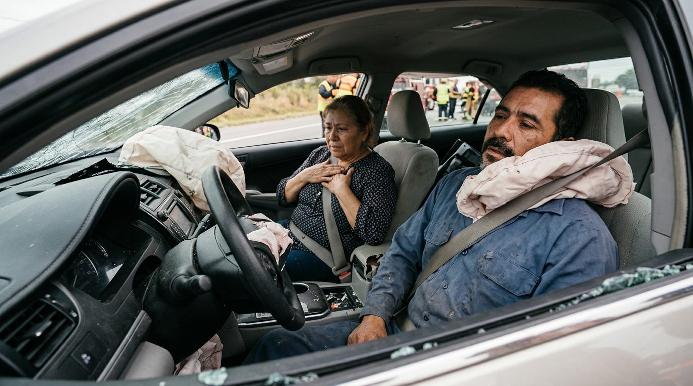 Interior de automóvil dañado con airbags desplegados tras colisión.