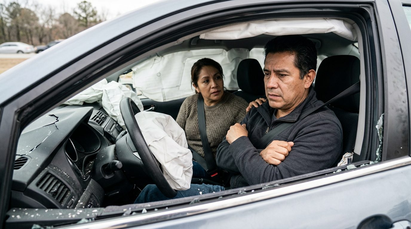 Interior de automóvil dañado tras colisión con airbags desplegados y deformación estructural.