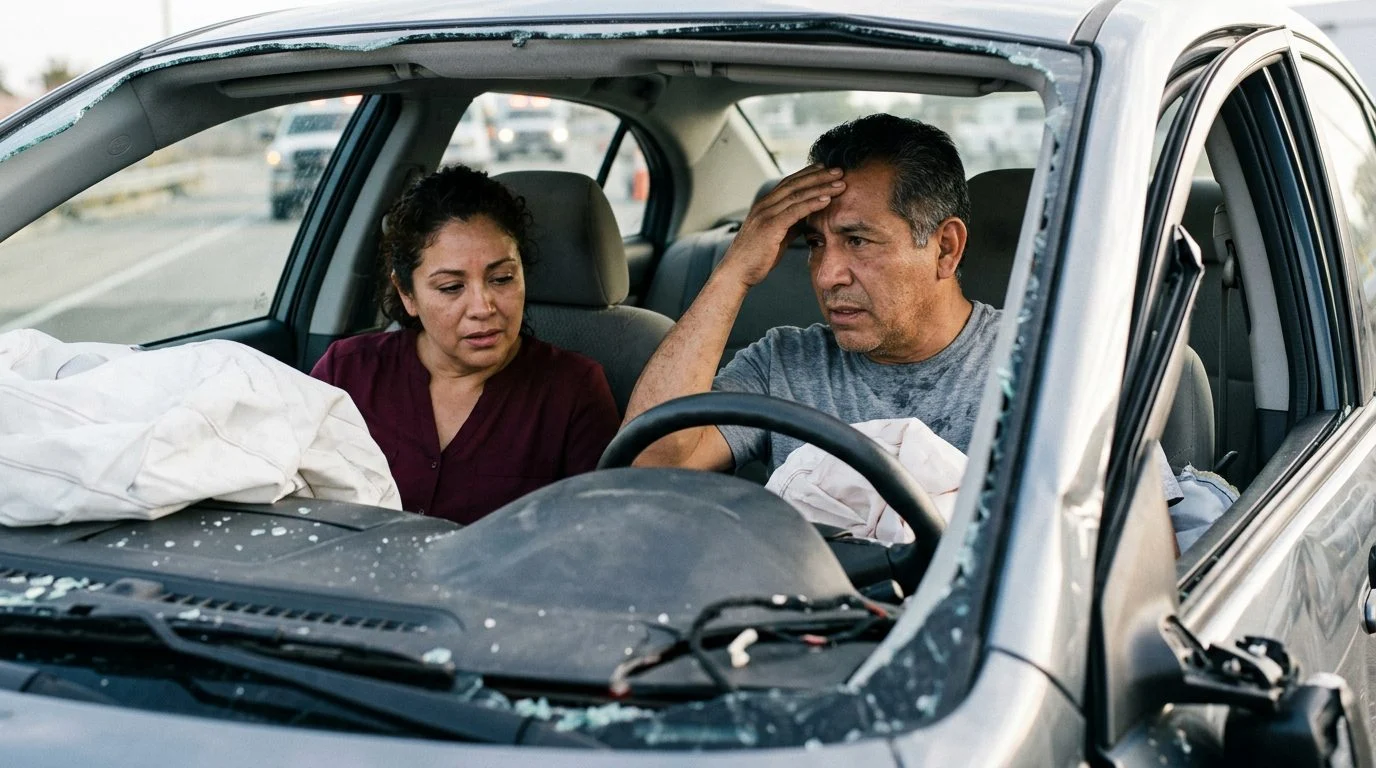 Interior de automóvil dañado tras colisión con airbags desplegados y deformación estructural.