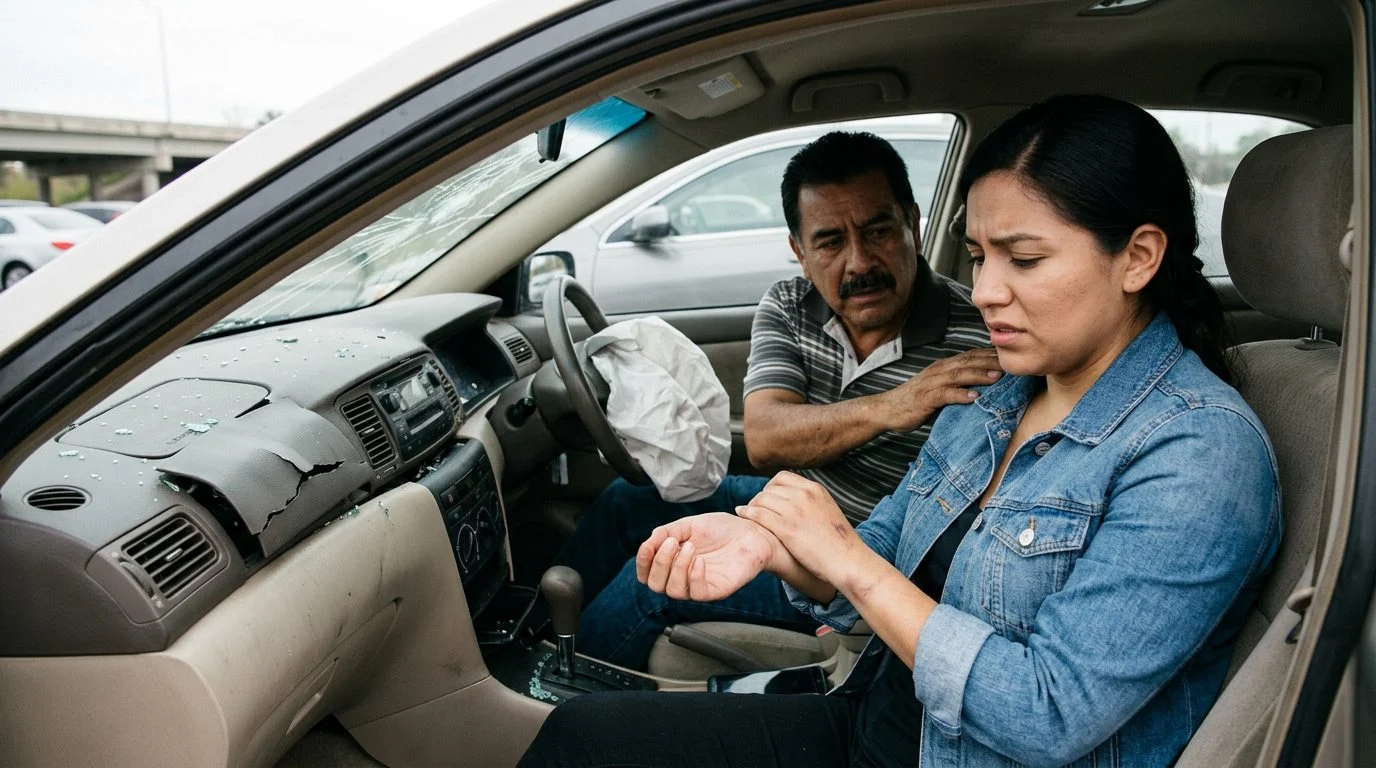 Interior de automóvil dañado tras colisión con airbags desplegados y deformación estructural.