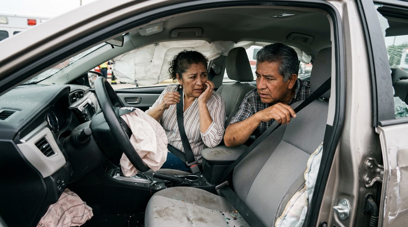 Interior de automóvil dañado tras colisión con airbags desplegados y deformación estructural.