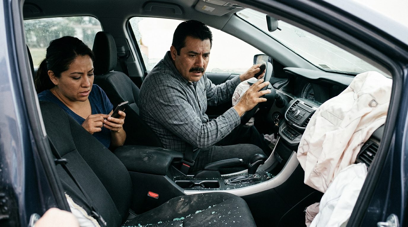 Interior de automóvil dañado tras colisión con airbags desplegados y deformación estructural.