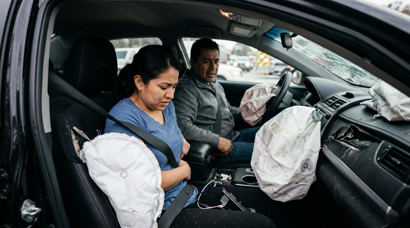 Interior de sedán dañado tras colisión con airbags desplegados y deformación estructural.