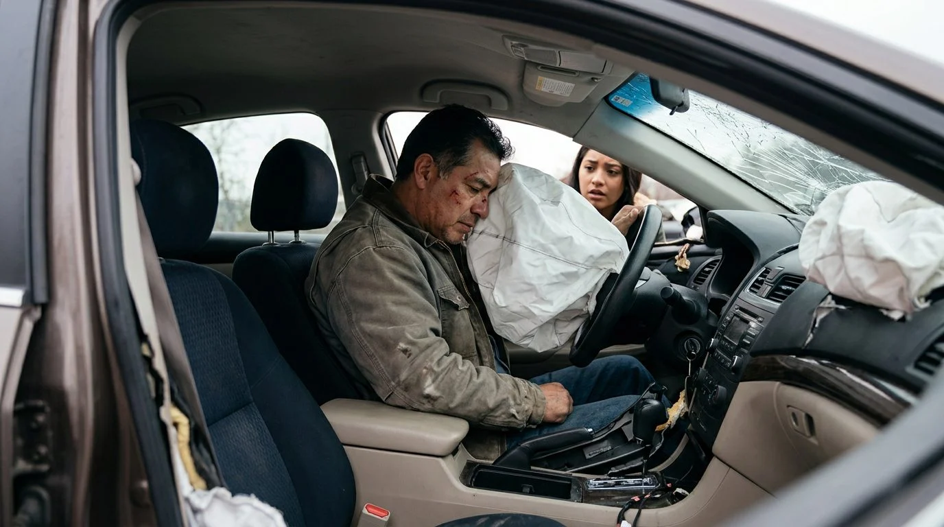 Interior de sedán dañado tras colisión con airbags desplegados y deformación estructural.