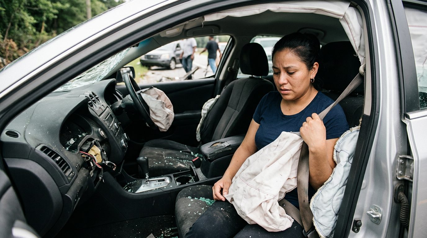 Interior de sedán dañado tras colisión con airbags desplegados y deformación estructural.