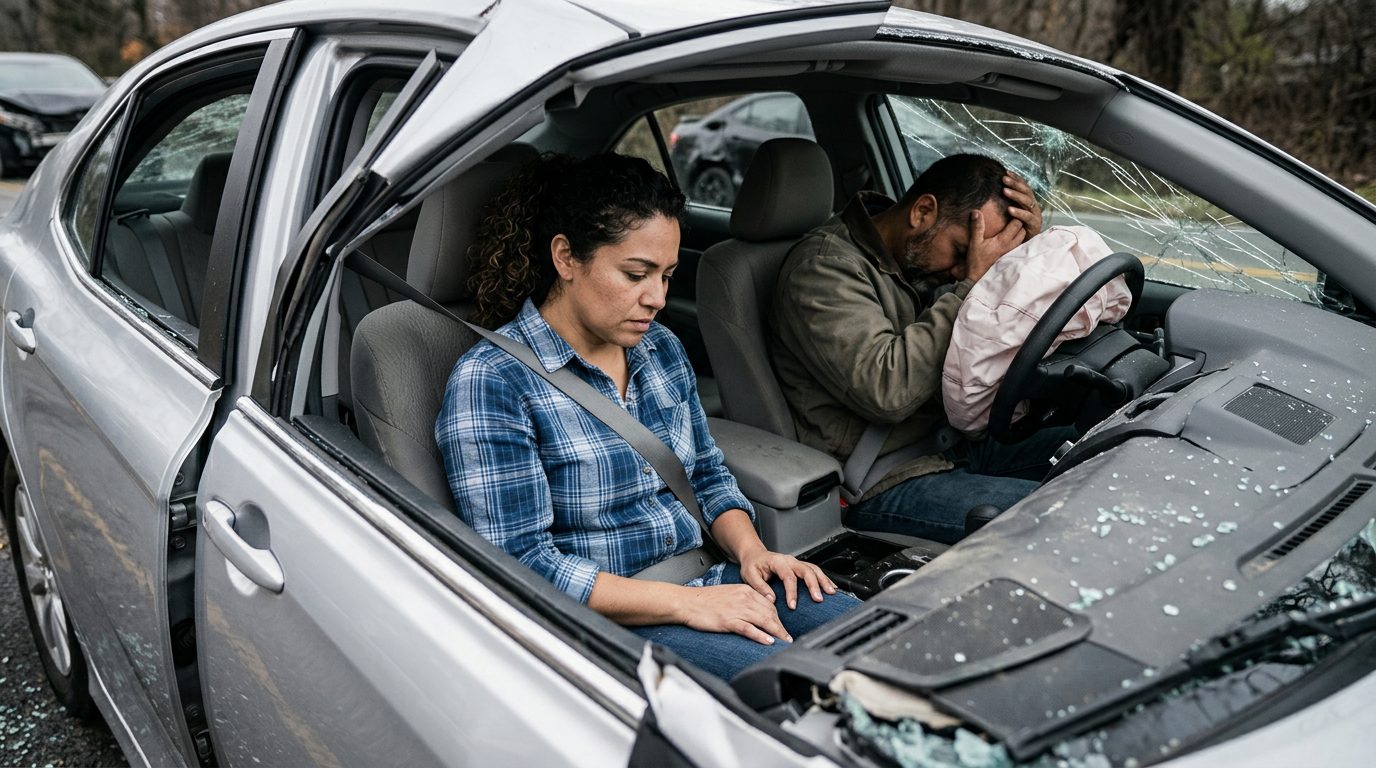 Interior de sedán dañado tras colisión con airbags desplegados y deformación estructural.